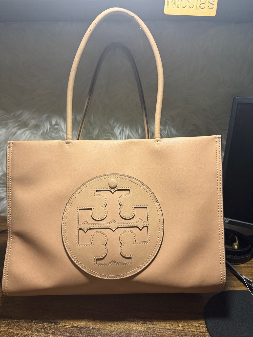 Tory Burch Pale Peach Leather Tote with Logo Medallion